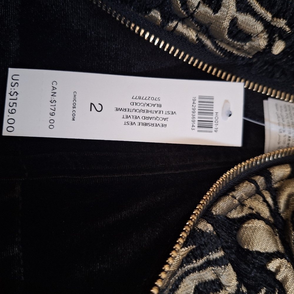 NWT Chico’s Size 2 Black Velvet to Gold Jacquard REVERSIBLE Quilted Vest( LG/12) - Picture 5 of 11